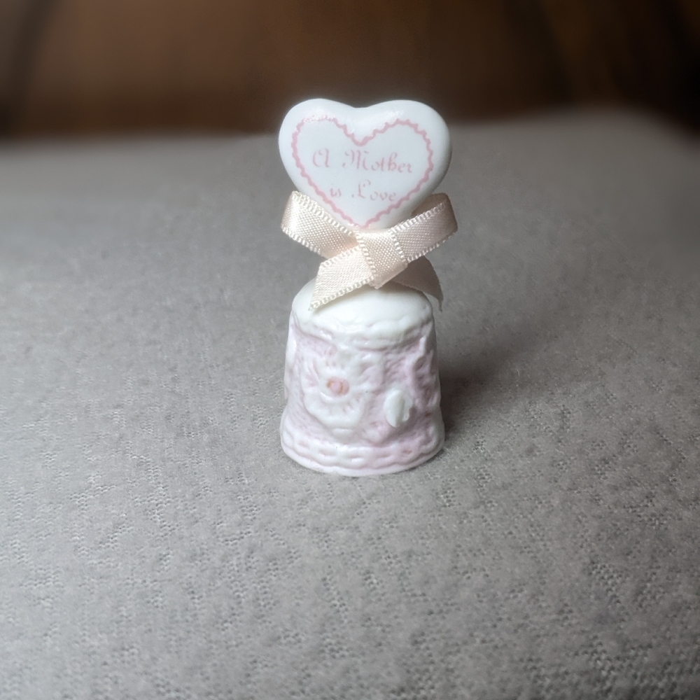 Vintage Enesco Bisque Thimble; Mother Is Love, Mother's Day, Heart, Silk Bow